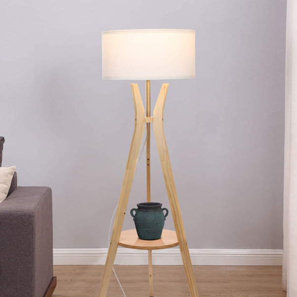 Brightech LED Mid Century Modern Wooden Tripod Base Floor Lamp W/ Shelf